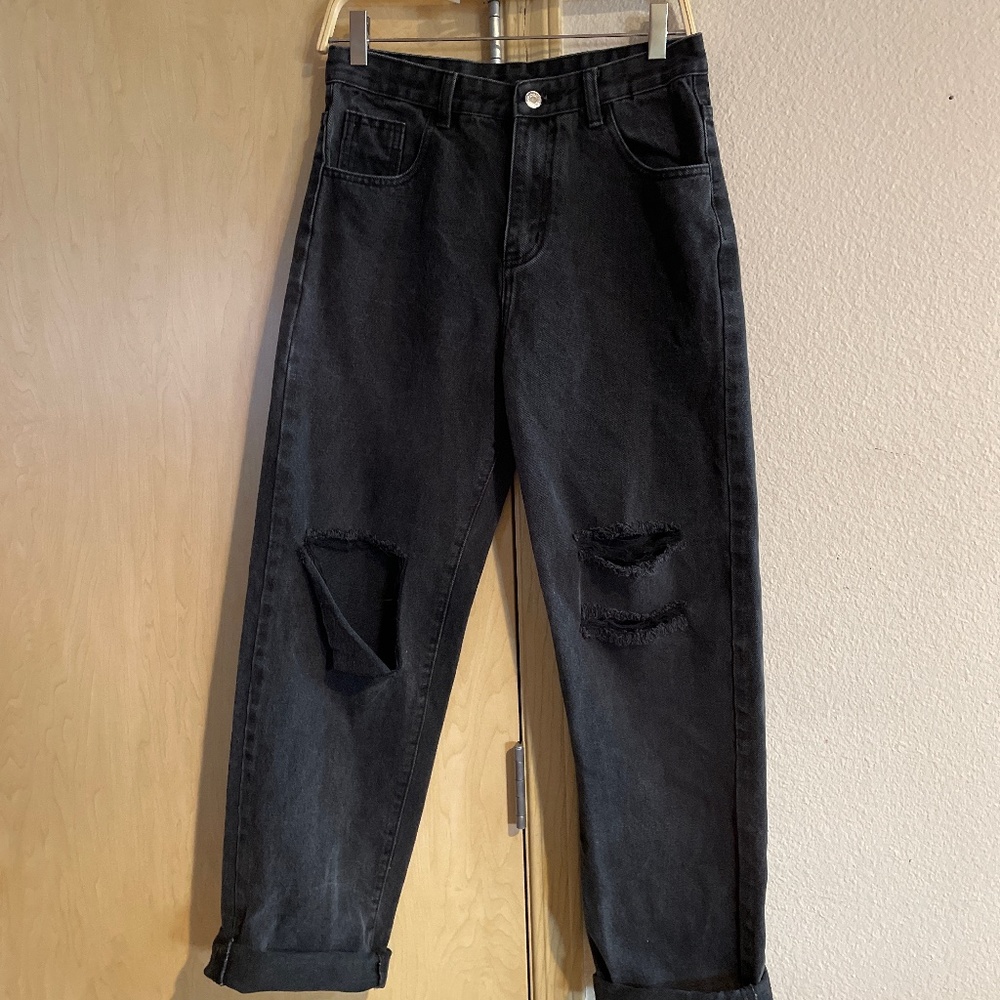 Women Medium Shein Mom Jeans Black Washed Rip Knees